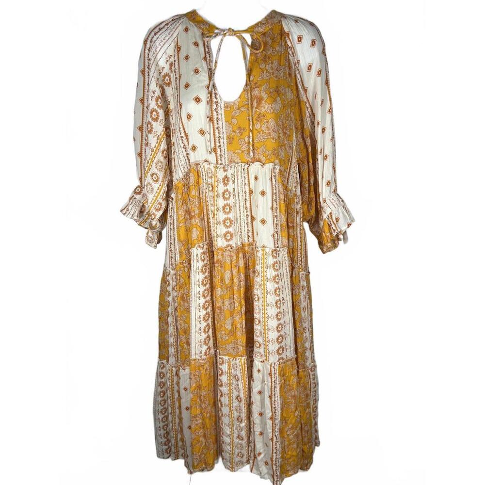 En Crème Anthropologie Boho Patchwork Tiered Maxi Dress Cottagecore Mustard M